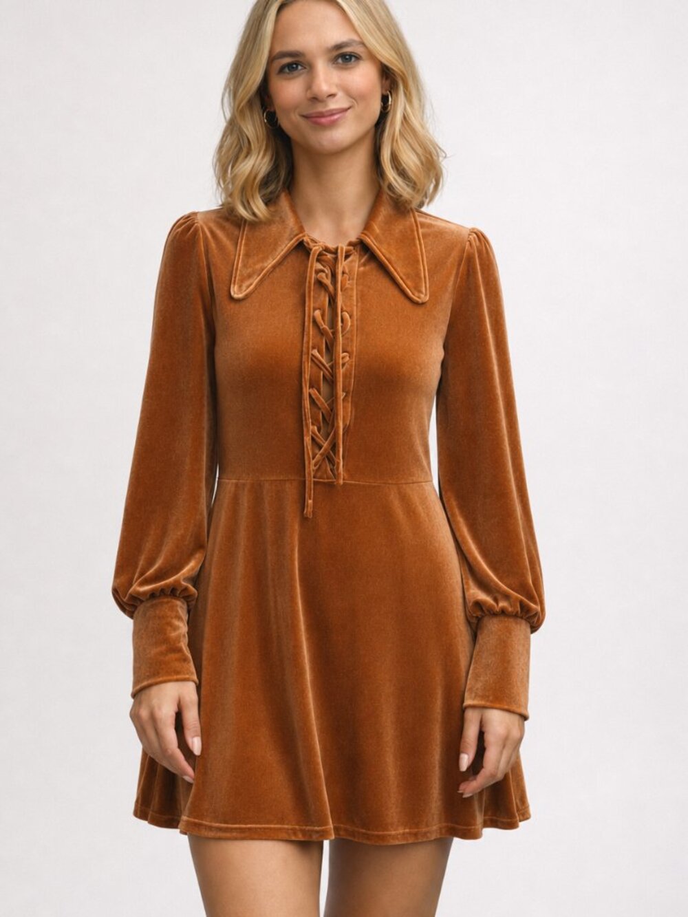 CIDER Retro Lace Up Ruched Collared Velvety Velour Copper Mini Dress, Size XL